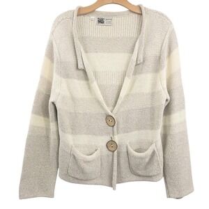 Habitat Cardigan Sweater Women Large Beige Cream Stripe Linen Cotton Pockets